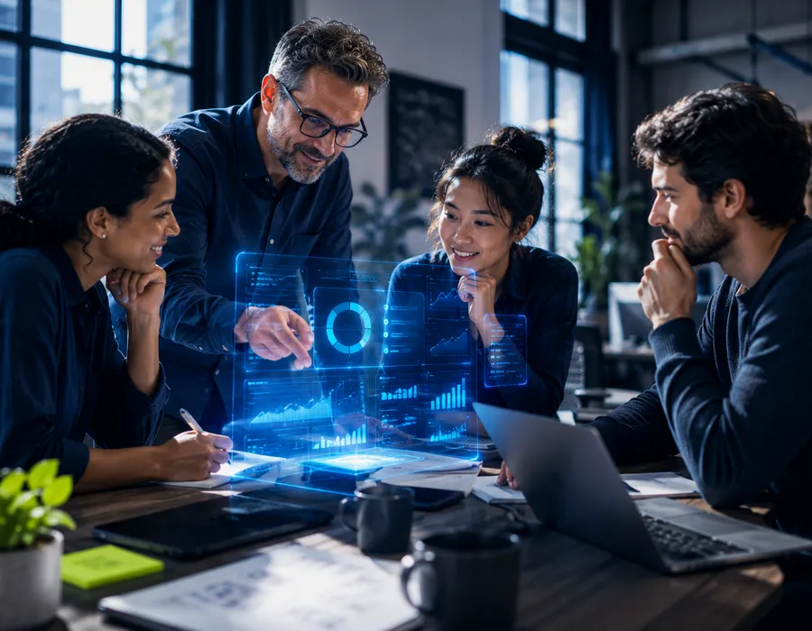 Equipo de Fusion Creativa colaborando alrededor de un panel de datos con inteligencia artificial