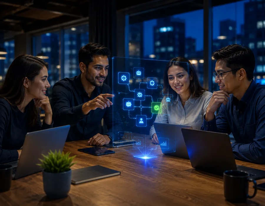 Equipo de Fusion Creativa revisando un flujo de automatización con inteligencia artificial