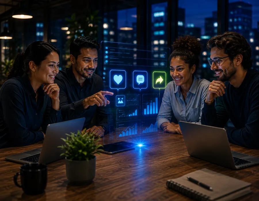 Equipo de Fusion Creativa planificando contenido para redes sociales con inteligencia artificial